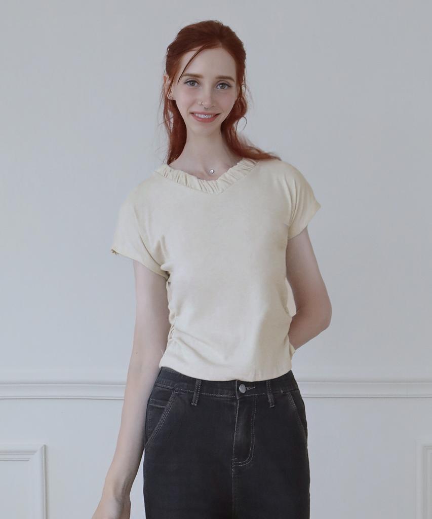 Keulleiseu Shirred V-Neck Short Sleeve T-Shirt_White