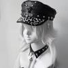 2000s Women Beret Hat Punk Rivet Decors Flat Top Cap Breathable PU Leather Octagonal Hat for Casual and Cosplay Wear