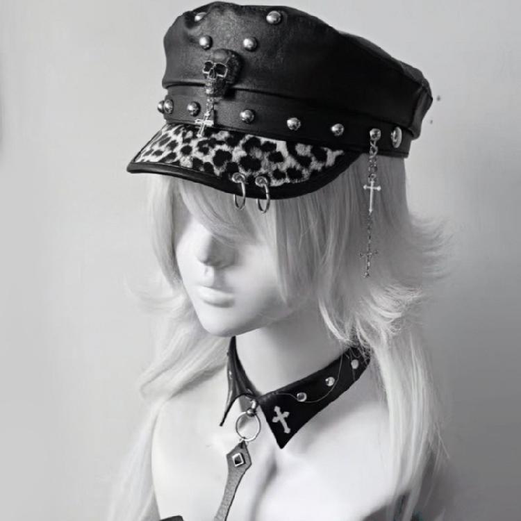 2000s Women Beret Hat Punk Rivet Decors Flat Top Cap Breathable PU Leather Octagonal Hat for Casual and Cosplay Wear