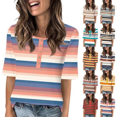 Shirts For Women Trendy Round Neck Button T Shirts Casual Printed Summer Tees T Shirt Blouse Half Sleeve Tops For Women