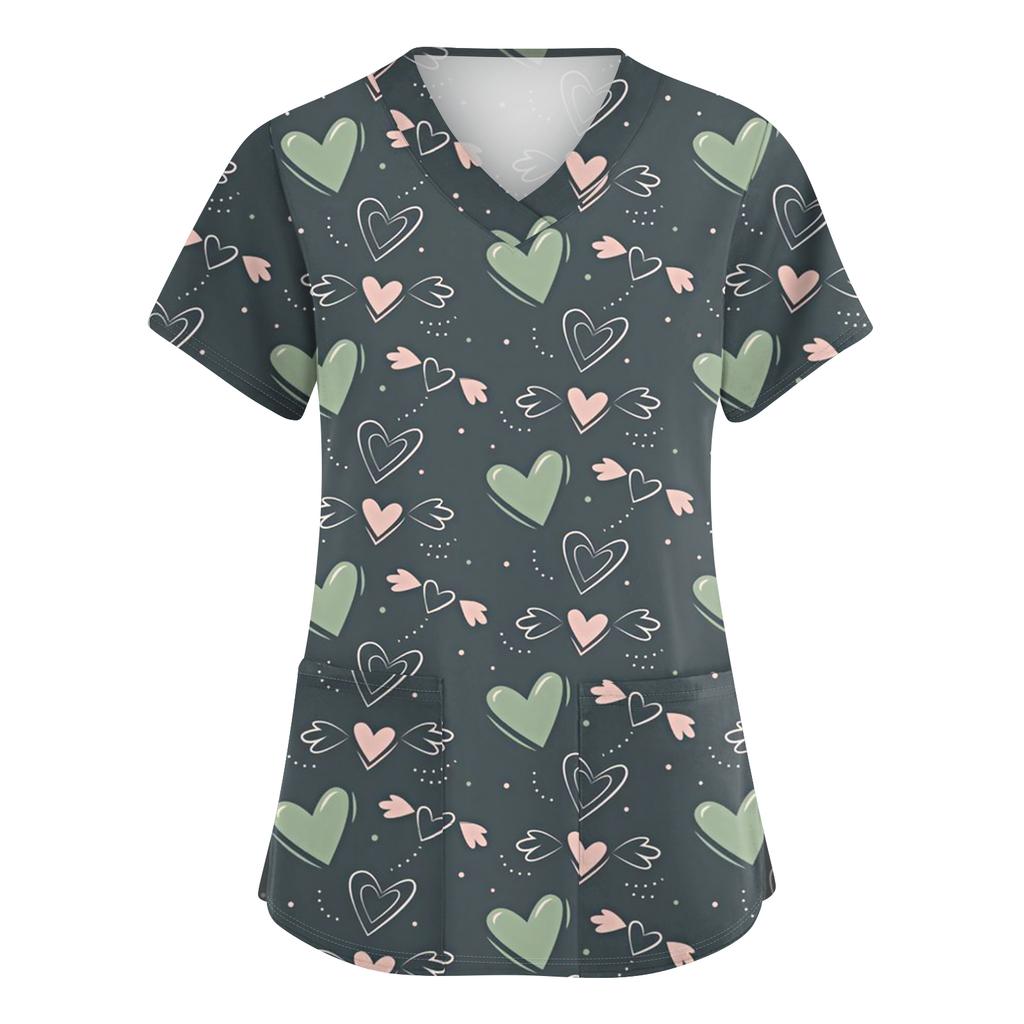 Damen Niedliches Schleifenmuster Arbeitskleidung V-Ausschnitt Doppellagige Taschen Basic Kurzarm Oberteil Pullover