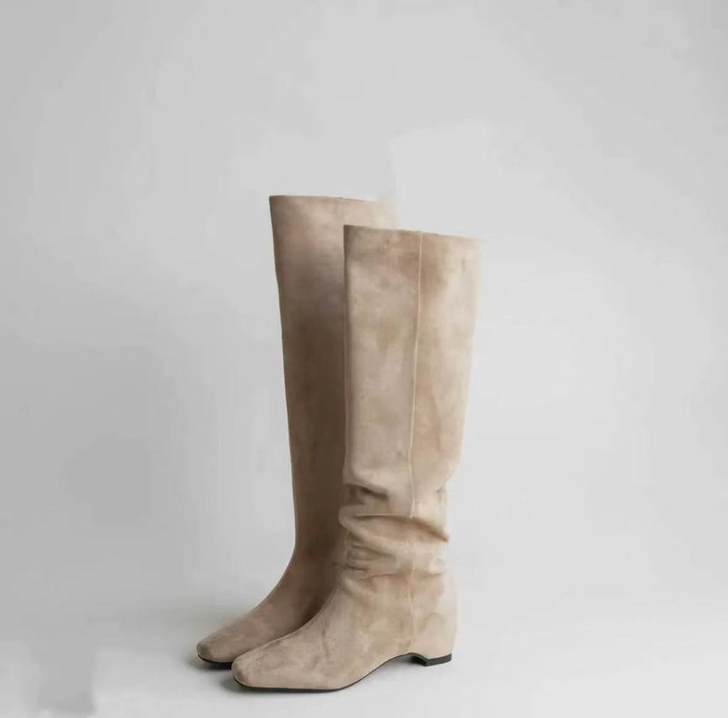 Cowhide version~ inner height increase 5cm French retro square head boots women's thick heel versatile fashion thin boots and knee boots