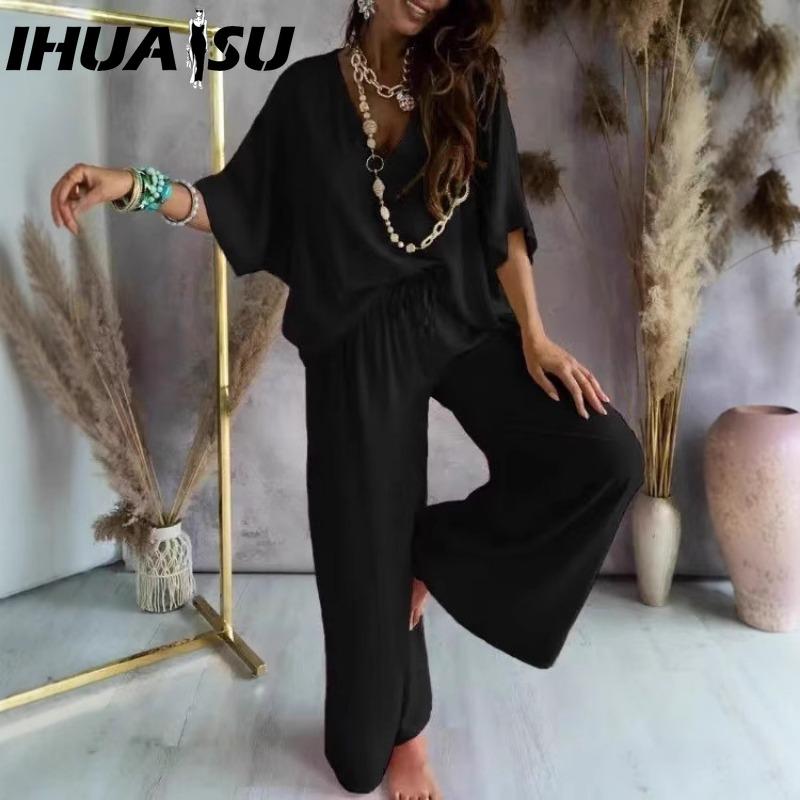 

IHUASU Женский комплект с V-образным вырезом, рукавами «летучая мышь», повседневный, свободный, широкие брюки XXXL чёрный