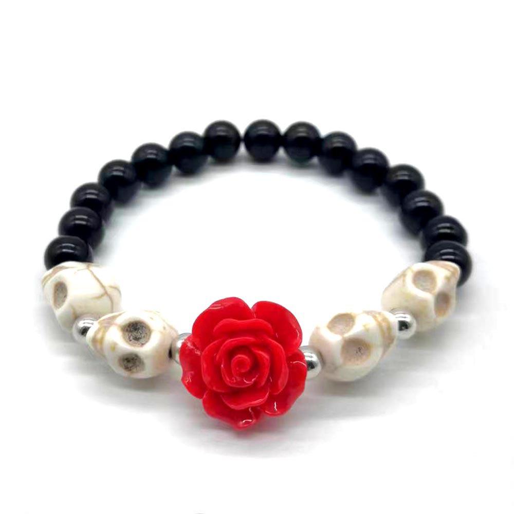 

Halloween Gift Acrylic Rose Blossoms Skull Beads Two styles of Hand Woven Adjustable and Elastic Rope Bracelets for Men 19cm
