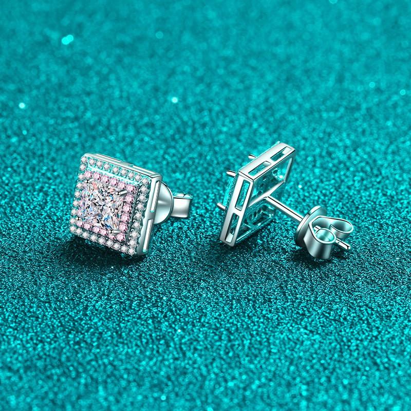 Geometric Square Zircon Stud Earrings Women Sterling Rose Gold Plated 4.5mm 1.2ct Total