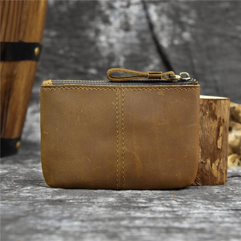 Men'S Crazy Horse Leather Change Bag Simple And Small Card Bag First Layer Cowhide Zipper Small Money Bag Casual Wallet