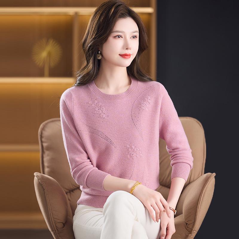 Autumn/Winter 100% Pure Wool Sweater for Mature Women - Knitted Base Layer with Stylish Embroidered Half-High Neck