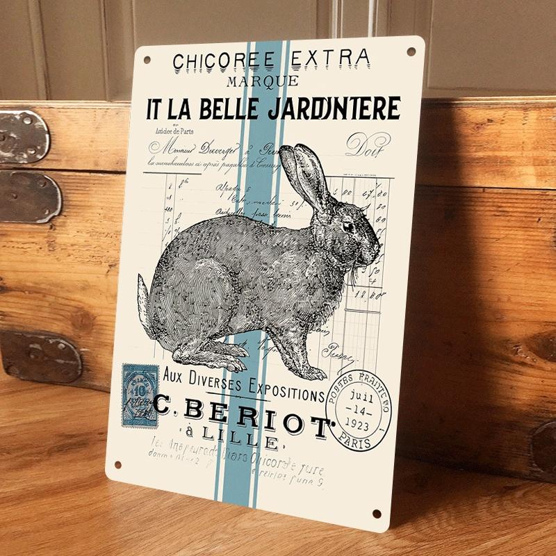 

1 piece of vintage French-style rabbit tin plaque, a nostalgic pastoral style home wall decoration, suitable for living room, en (as the picture,20x30cm)