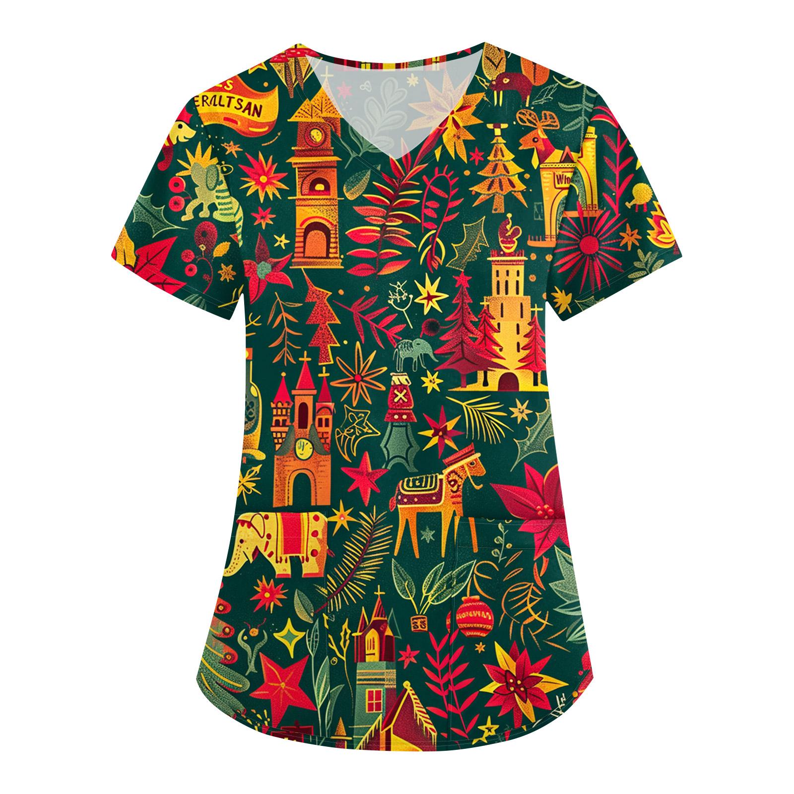 

Женская свободная униформа с V-образным вырезом, короткими рукавами и рождественским принтом L