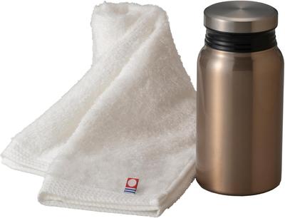 Maebata Personal Water Bottle and Towel Vacuum Keeps Hot and Featuring Imabari Perfect 52838 Set, Bronze, 380ml, Insulated, Cold, Towels, Gift, Luxe,