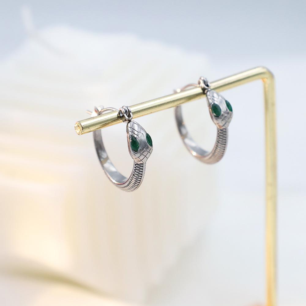 French Retro Titanium Steel Serpentine Green Eye Zircon Earrings High-End Light Luxury Niche 18K Titanium Steel Earrings