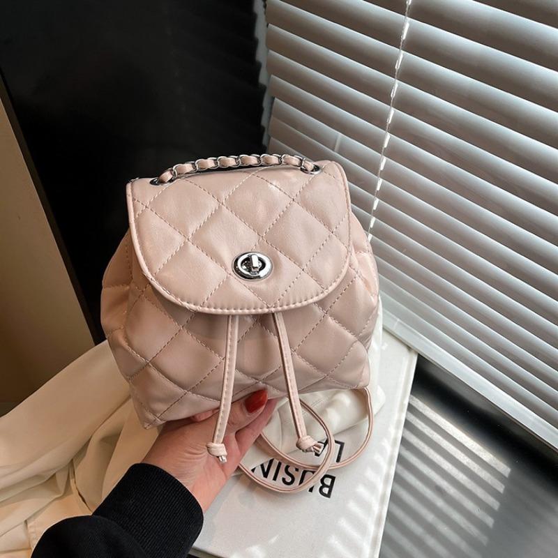 Rhombus Chain Backpack Female Niche Design Fashion Bucket Bag Casual Schoolbag Premium Travel Backpack