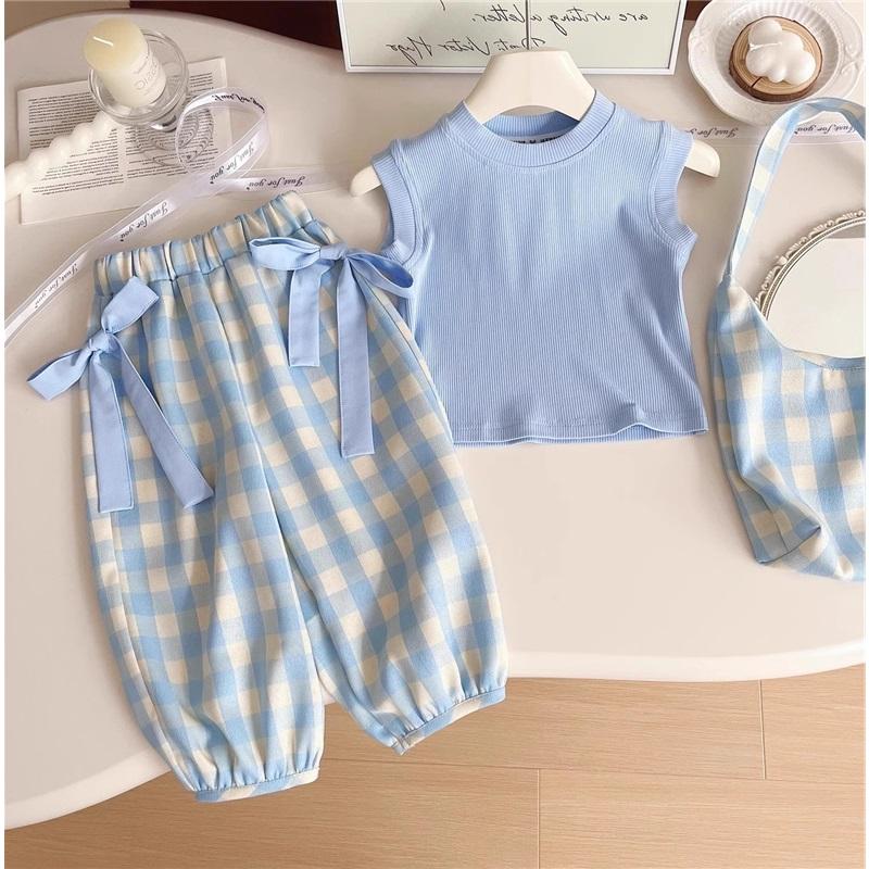 Summer Children's Blue Plaid Suit Sleeveless Top with Bow, Wide-leg Pants, and Crossbody Bag, Three-piece Set