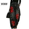 Loose Fit Faux Denim Trousers Women High Waisted Wide Leg Jeans, Vintage Floral Print Relaxed Trousers, Casual Pants with Pockets & Metal Eyelets