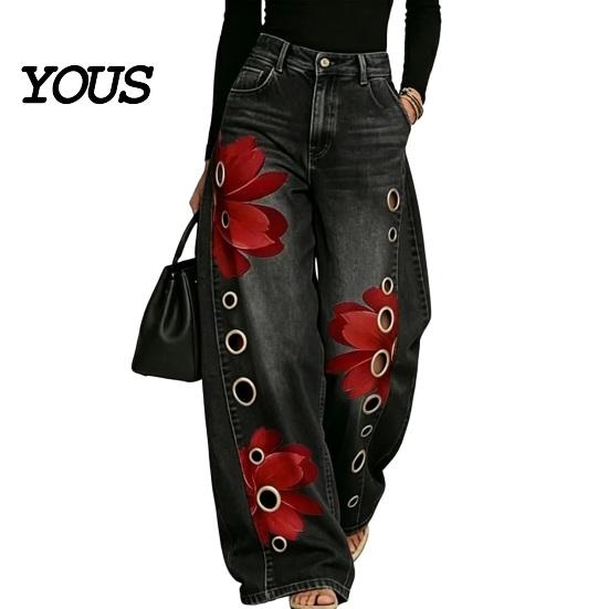 Loose Fit Faux Denim Trousers Women High Waisted Wide Leg Jeans, Vintage Floral Print Relaxed Trousers, Casual Pants with Pockets & Metal Eyelets