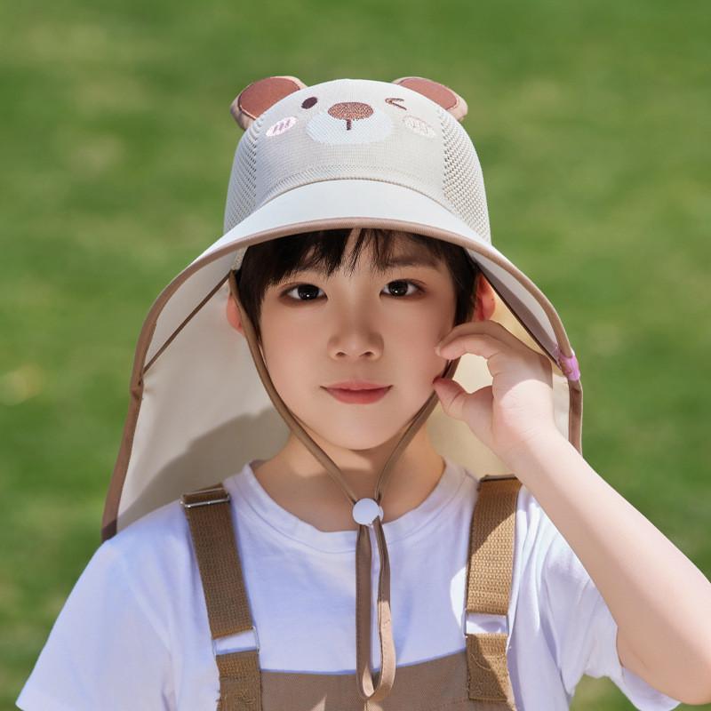 Childrens Cartoon Sun Hat With Wide Brim For Summer Outdoor Protection Khaki Bear