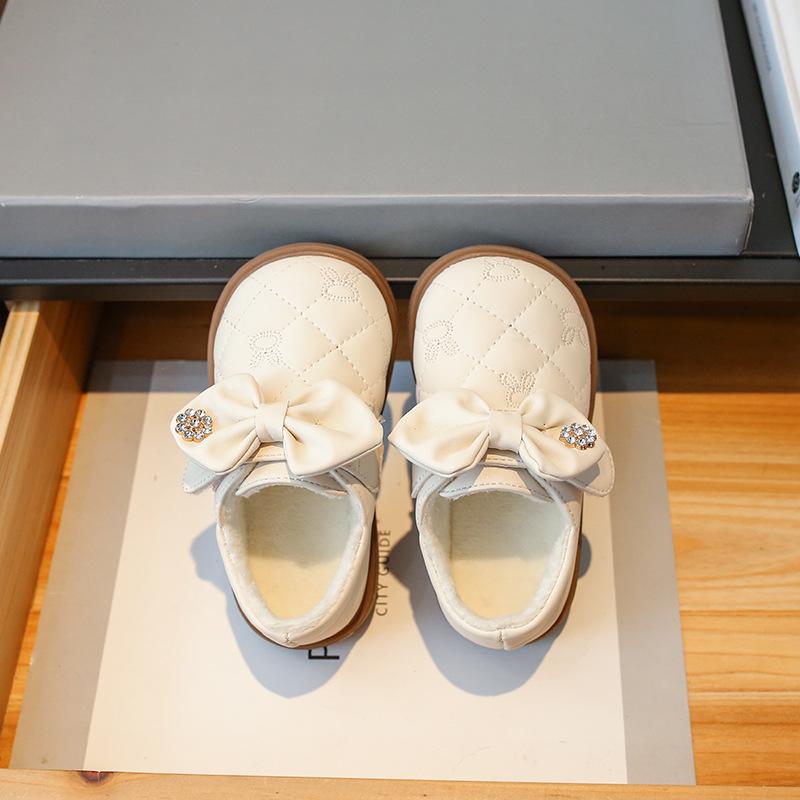 

Туфли-принцессы из бархата с бантом для девочек – Кожаная подошва с мягкой подошвой для осени и зимы Size 28 / 17.5 cm грязно-белый