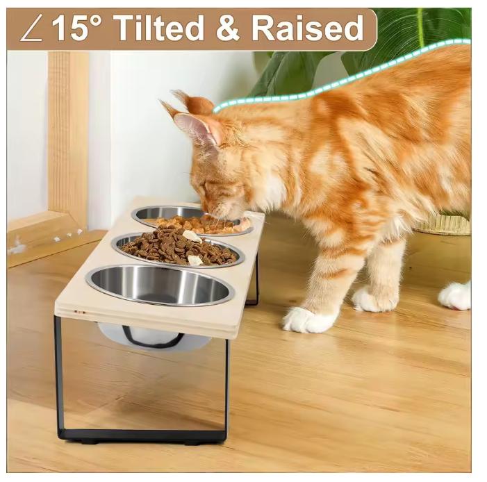 Erhöhte Katzennäpfe Futterspender 15° geneigt Erhöhte Fütterungs- & Wasserspender Haustier 3 Edelstahl-Näpfe mit Ständer für Katzen Welpen