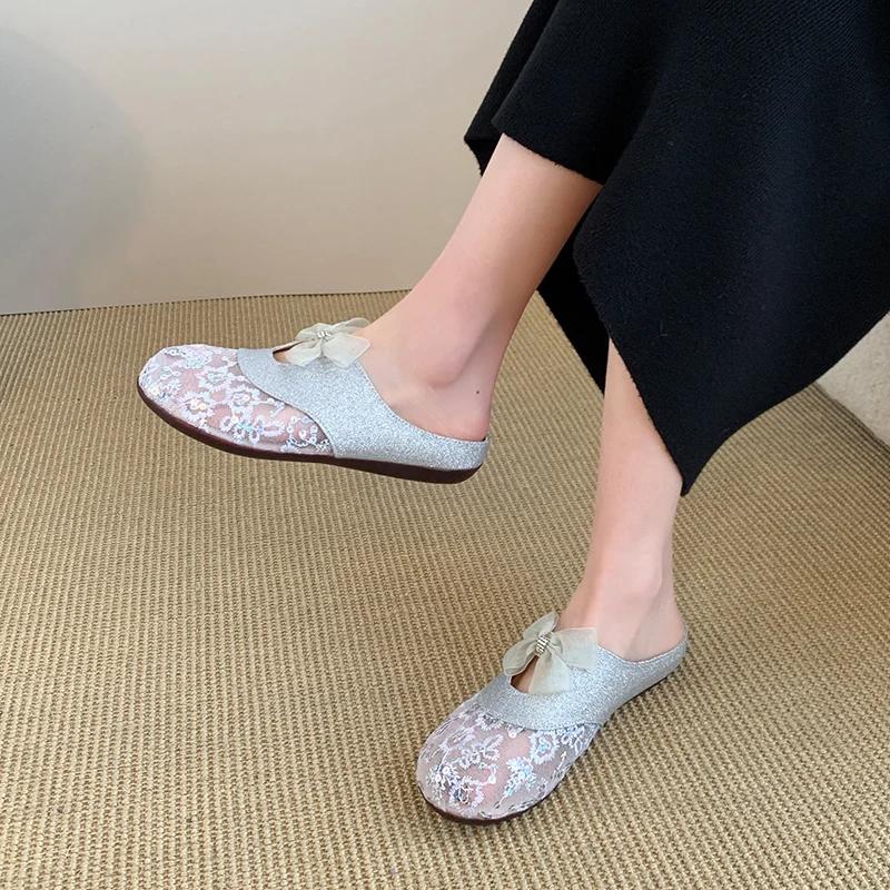 2025 New Closed Toe Women's Slippers Sequins New Mesh Plus Size Summer Outdoor Soft Bottom Butterfly-knot Flat Slippers