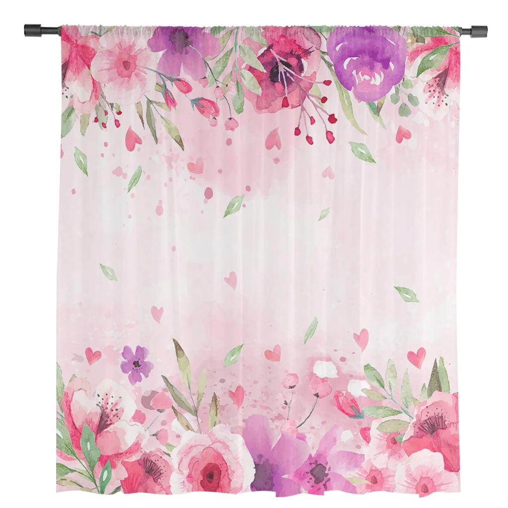 Walentynki akwarela kwiaty miłość zielone liście przezroczysta zasłona okienna tiulowe zasłony do salonu Home Decor woalowe zasłony
