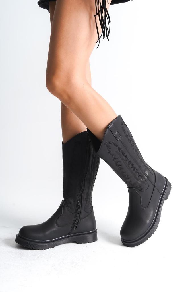 Moderne, stilvolle Mode-Stiefel für Damen, Kunstleder, hellbraun, matt, bestickter Reißverschluss, Western-Cowboystiefel