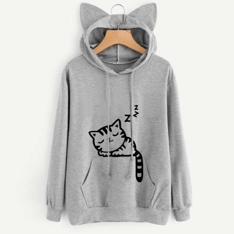 Plus Size Cat Print Fleece Hoodie for Women - Autumn/Winter Collection