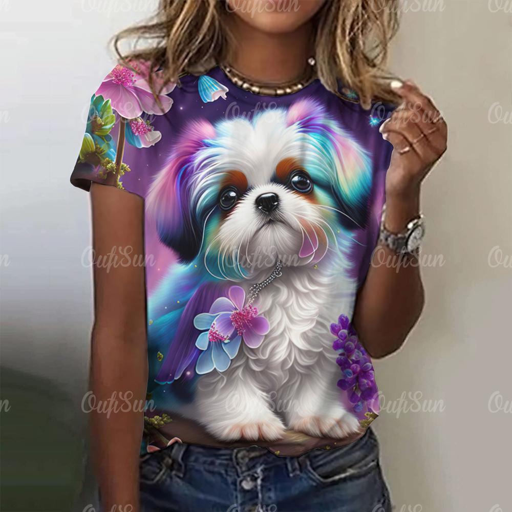Kawaii Puppy Print Damen T-Shirt Harajuku Kleidung für Damen Casual Style Kurzarm T-Shirts Rundhals Hundert Streetwear Tops