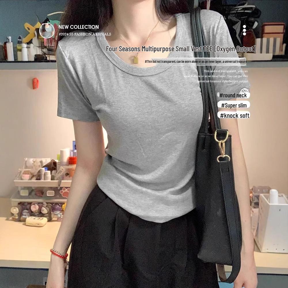 Women's Summer Square Collar Short Sleeve Fitted T-shirt
