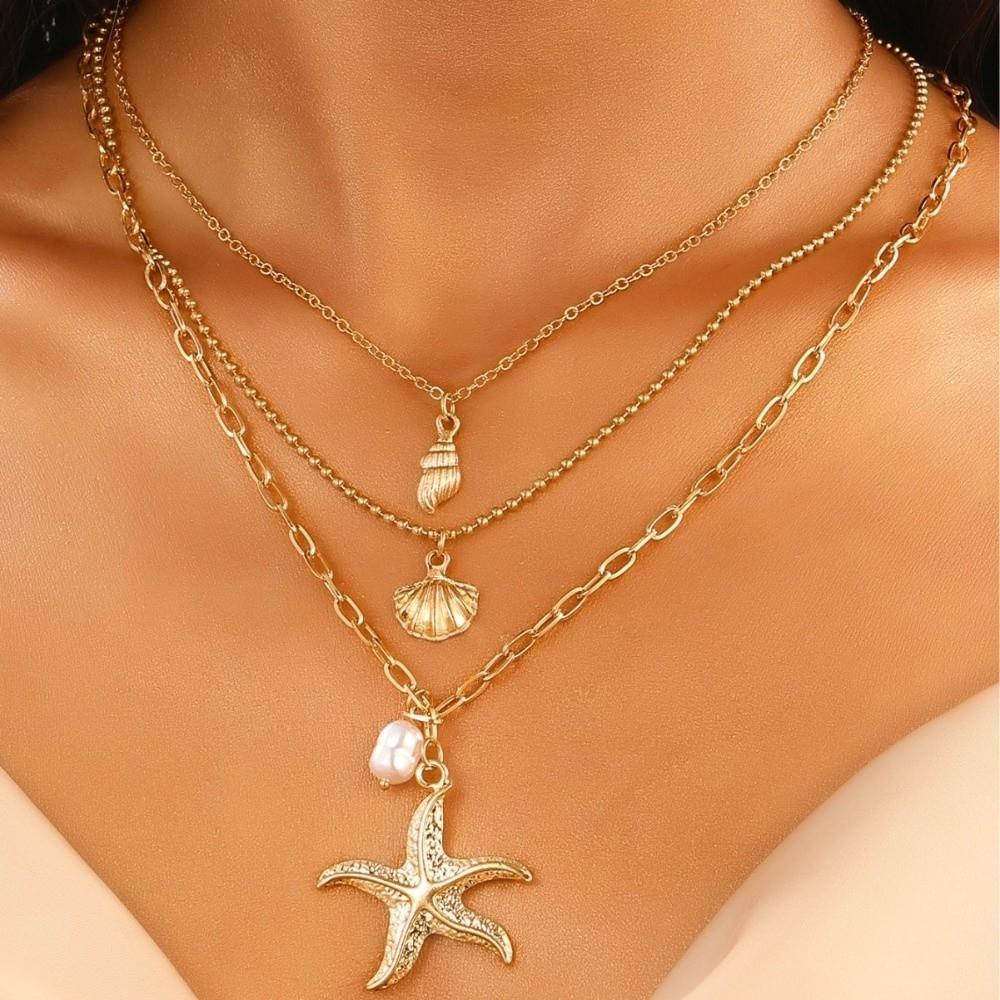 Gold Starfish Pendant Necklace Pearl Shell Charm Chain Necklace Summer Collarbone Necklace