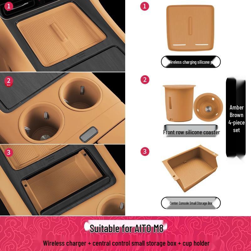 AITO M8 Center Console Cup Holder Wireless Charger & Armrest Storage Silicone Car Interior Decor.