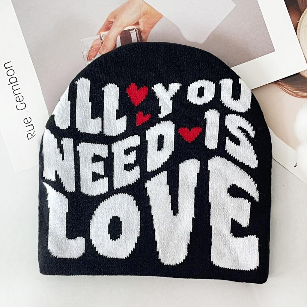 Color Simple Blocked Letter And Heart Pattern Women Casual Warm Hat Knitted