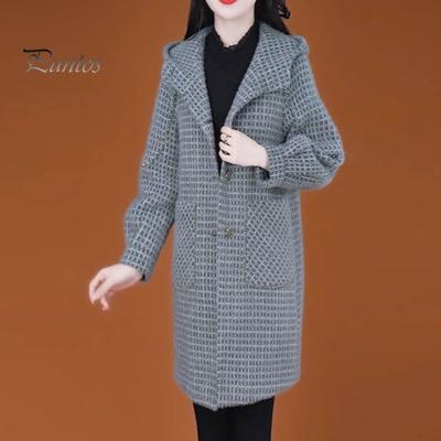 Lady Fall Winter Woolen Coat with Side Pockets Hooded Single-breasted Loose Plaid Mid Length Thick Keep Warm Overcoat for Commuting Dating Travel