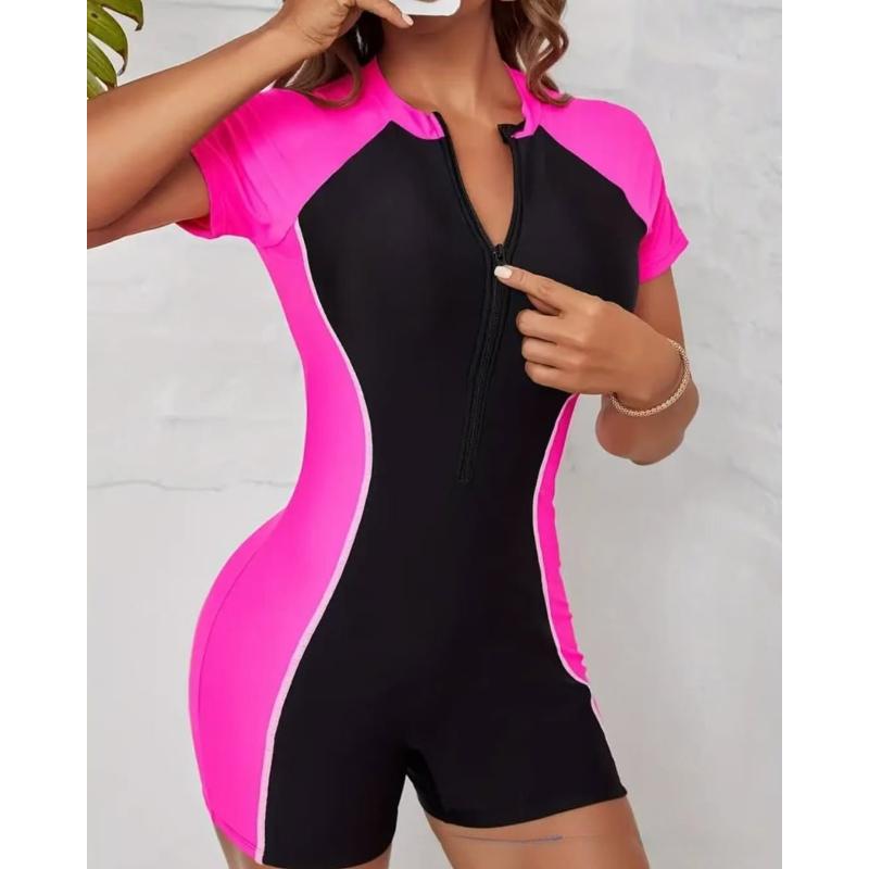 

One-piece Women Swimwear Swim Suit Short Sleeve Swimsuit Front Tropical Plant Surfin Quick Drying 2XL