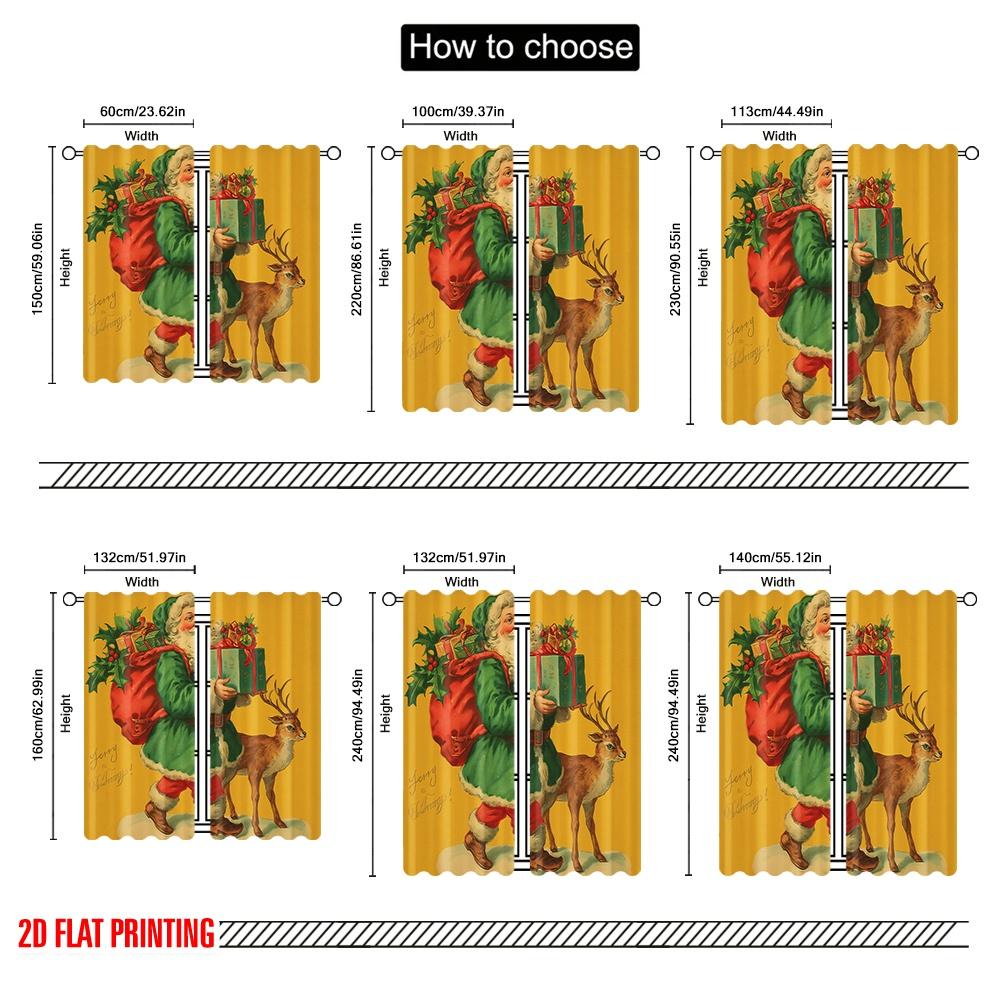 2pcs,2D Plane Printing Curtains Digital Printed Vintage Santa & Reindeer (2) Durable 100% Polyester Fabric (without Rod)