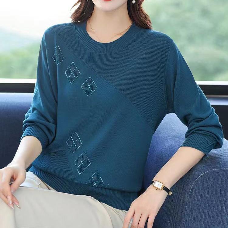 Fall Winter Women's Plus Size Sweater Long Sleeve Loose Crew Neck Knitwear Sweater Rhinestone Pullover Knit Top Stretch Jumper