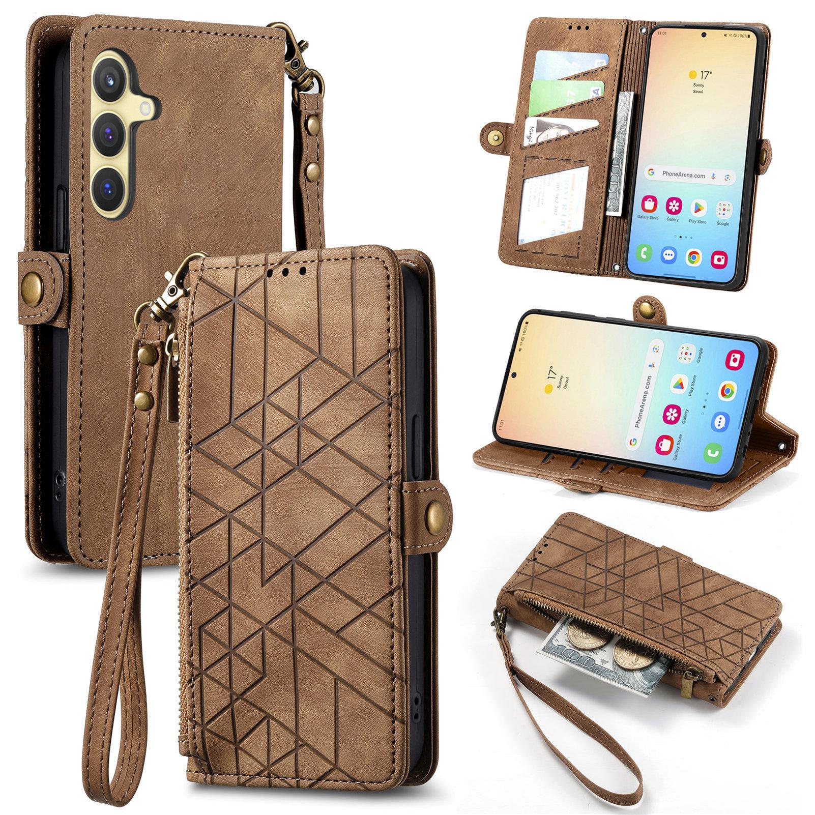 

For Samsung Galaxy S25 Zipper Wallet Case Geometry Lines Leather Phone Cover with Strap Brown