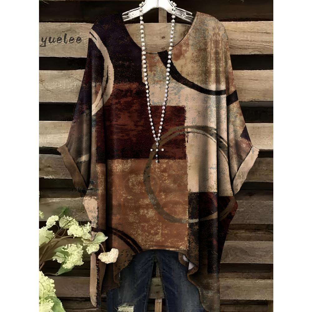 Tessuto Estivo Imitazione Denim Stampa Tie-Dye Orlo Irregolare Girocollo Manica Corta da Donna Abbigliamento Casual da Esterno da Donna