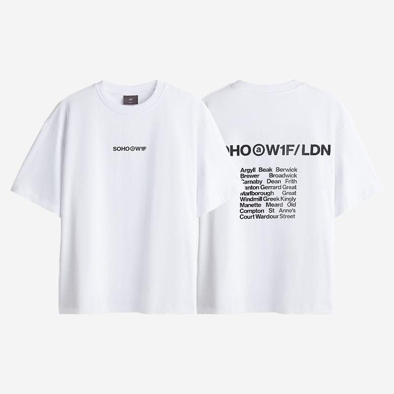 

HM Men s and Women s T-shirt Autumn Print Cotton Drop Shoulder Loose round Neck American Short Sleeve Couple s Tops 1227157