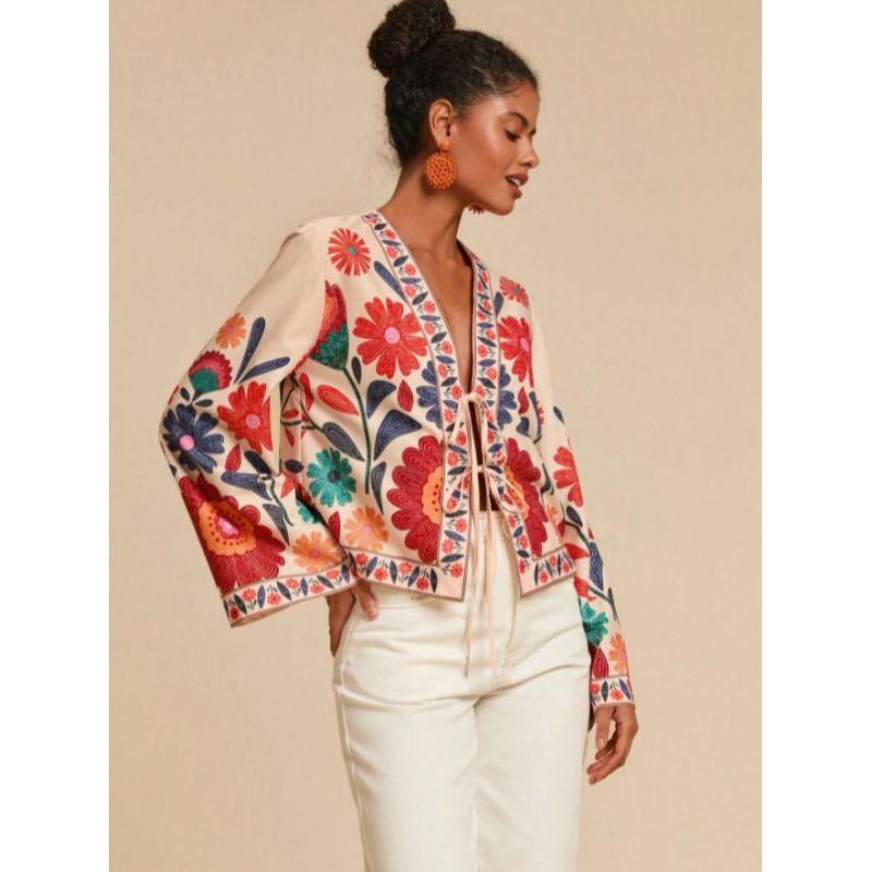 Boho Floral Embroidered Short V-Neck Tie-Front Flare Sleeve Chiffon Cardigan Women Small