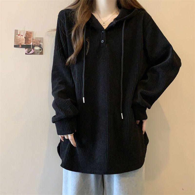 Women's Plus Size Ribbed Hooded Long Sleeve T-Shirt - Autumn/Winter Loose Slimming Base Layer