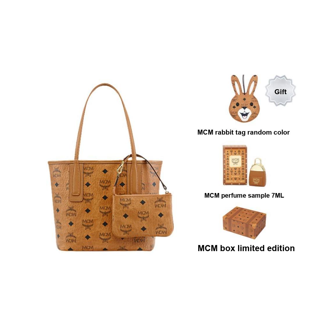 

New MCM Liz Visetos Canvas With Leather Combo Bag Tote Bag Shopping Bag Handbag Shoulder Bag Mini Women s Brown Cognac MWPDALR01CO001 27.9*11.4*20.1CM