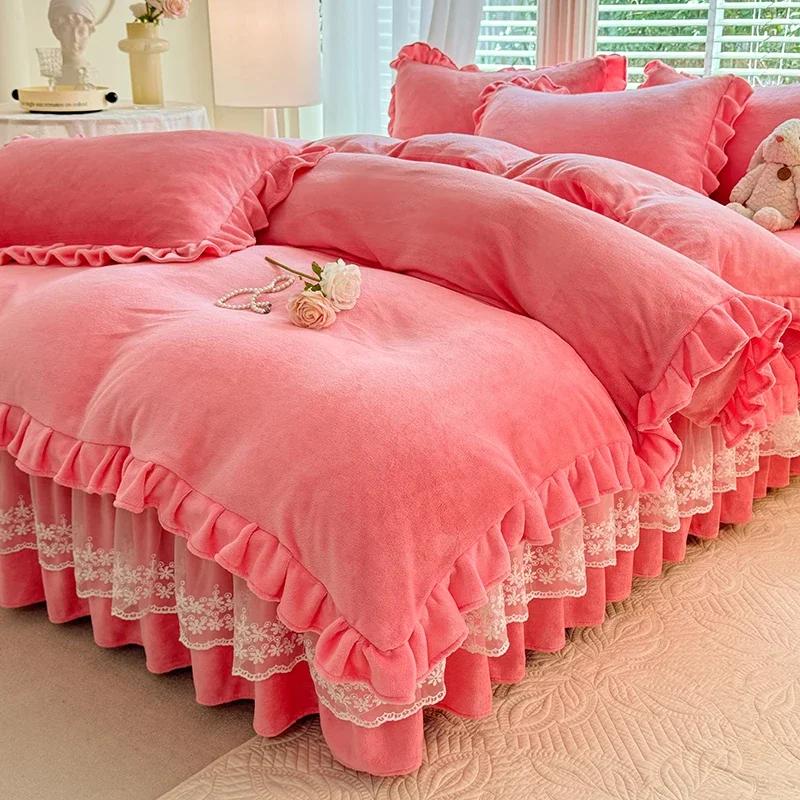 2024 hot solid color Korean version lace bed skirt kit flannel quilt cover thickened warm four-piece set