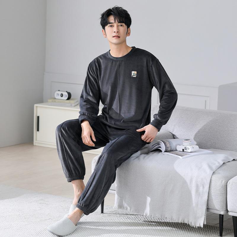 Autumn And Winter Coral Fleece Pajamas Men'S Thin Fleece Pullover To Keep Warm Island Fleece Spring And Autumn Men'S Loungewear Suit