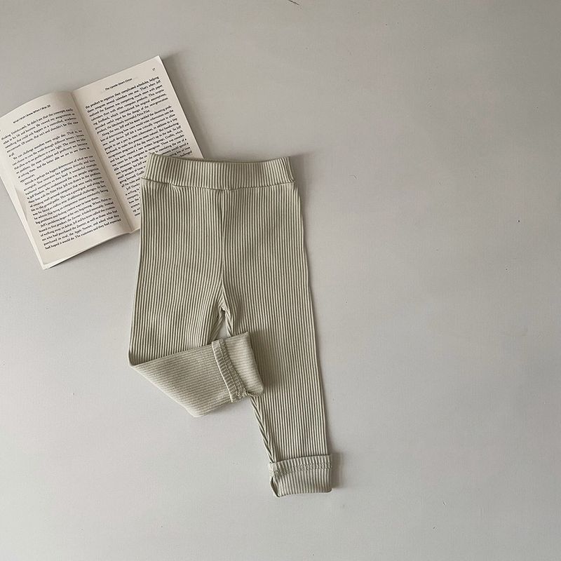 Kids Sunken Stripe Leggings 2024 Spring and Autumn Leggings Pure Color Warm Keeping Stretch Cotton Outerwear Ankle-Length Pants Slim-Fit Pants Light Green 100 cm