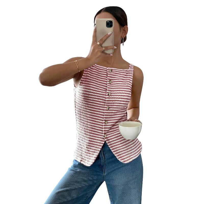 JKASHDK Women's Fashion Casual Summer Spring Stripe Print Sleeveless Square Collar Blouses & Shirts