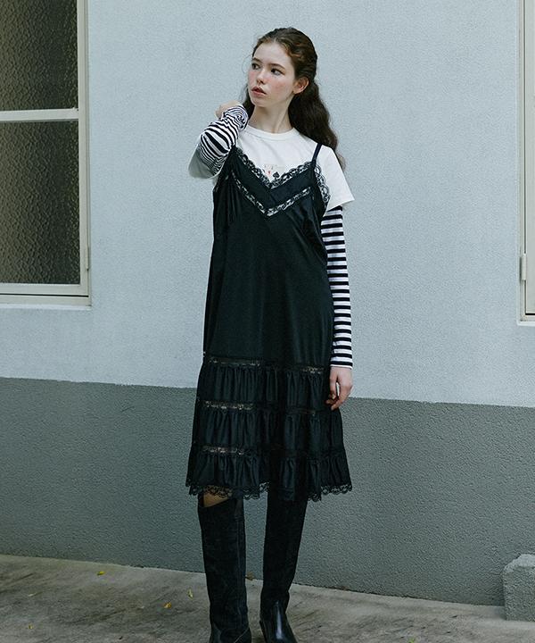 Green Butter Shirring Lace Slip Dress (Black)