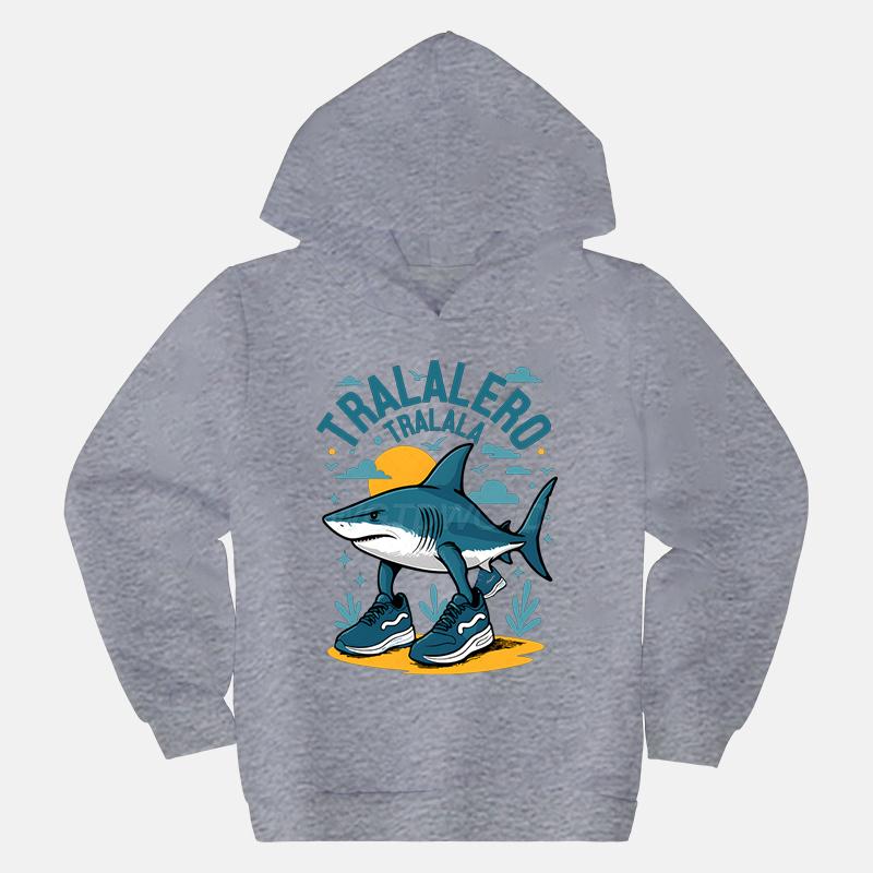KidsCasual HoodedPullover Sweatshirt,Eye-catching Funny Shark Character Retro Sunset Print,Soft Fabric, Suitable For Kids Daily And Weekend Activities