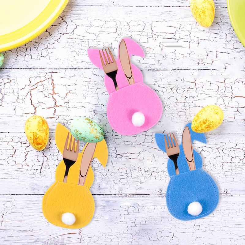 4pcs Easter Rabbit Shape Cutlery Bag Knife Fork Tableware Holder Pocket Easter Party Dinner Table Ornament Spring Party Supplies