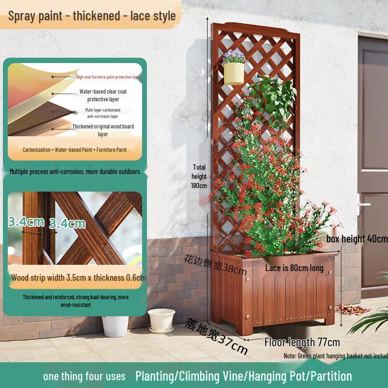 Carbonized Wooden Planter with Trellis: Outdoor Anticorrosive Flower Pot and Climbing Rack for Balcony or Garden.