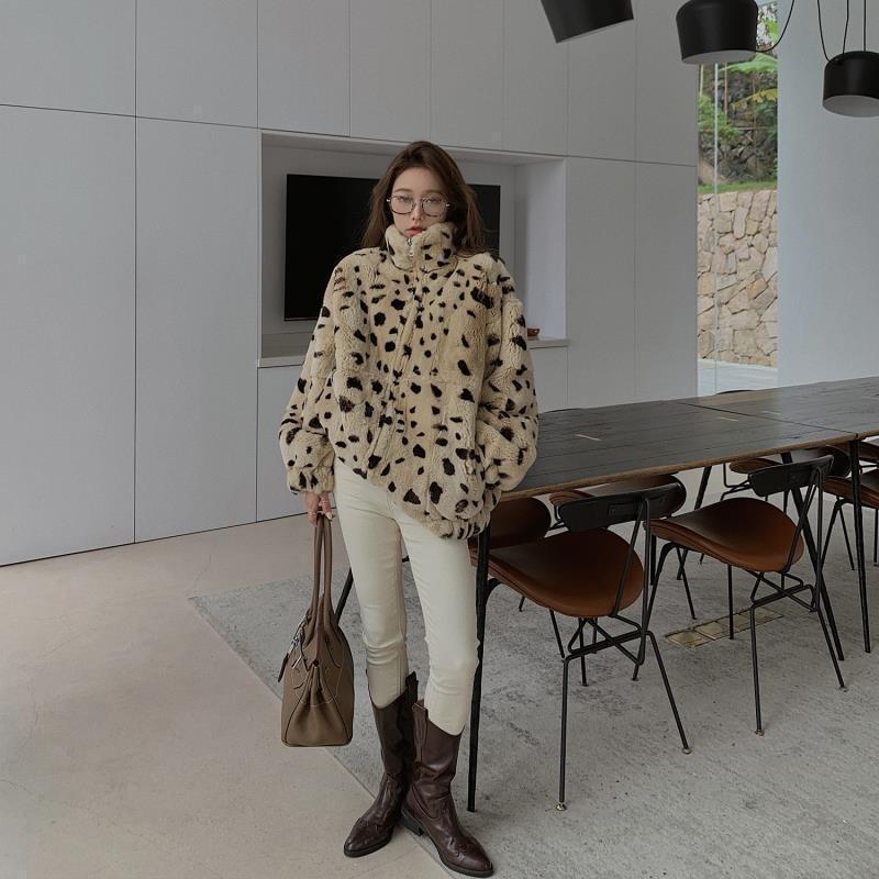 Imitation Rex Rabbit Leopard Print Imitation Fur Jacket Women's Lapel Plush Short Winter Thickened Gentle Wind Lamb Fleece Top